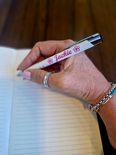 Personalised White Pen in Velvet Pouch